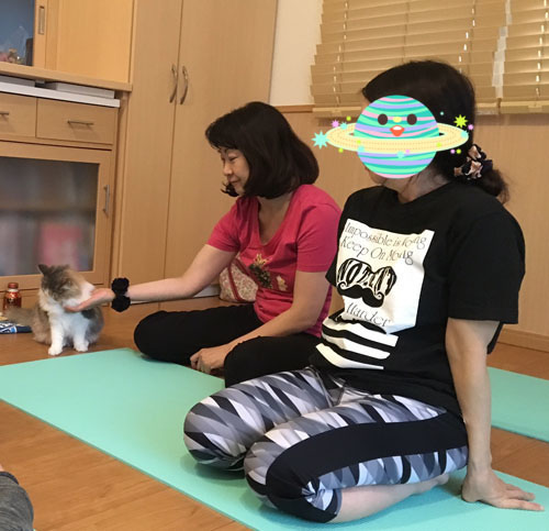 ヨガレッスン後の猫とのふれあいタイム